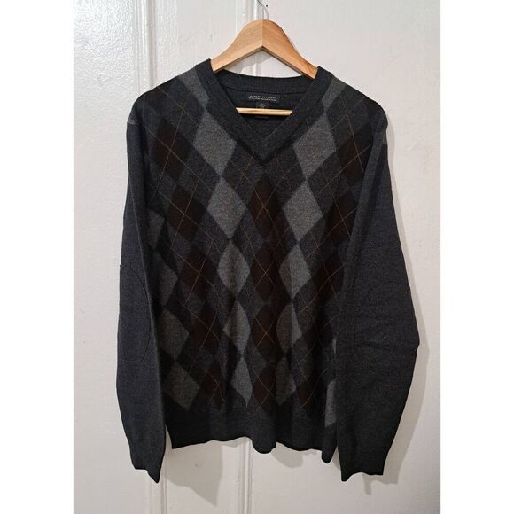 Banana republic mens large argyle Sweater ITALIAN WOOL ELBOW PATCHES Vneck gray - Picture 1 of 9